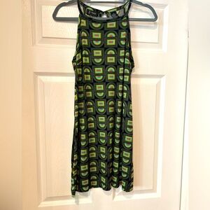Retro Geo Black Green Blue Festival Print Halter Dress, Med